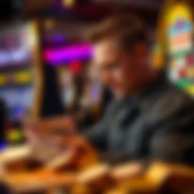 Player analyzing banknotes while preparing to play slots