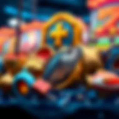 Various fishing-themed icons and rewards from slot games