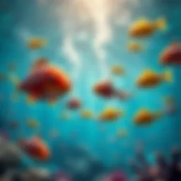 Vibrant underwater scene with animated fish and fishing symbols