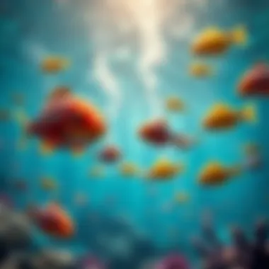Vibrant underwater scene with animated fish and fishing symbols