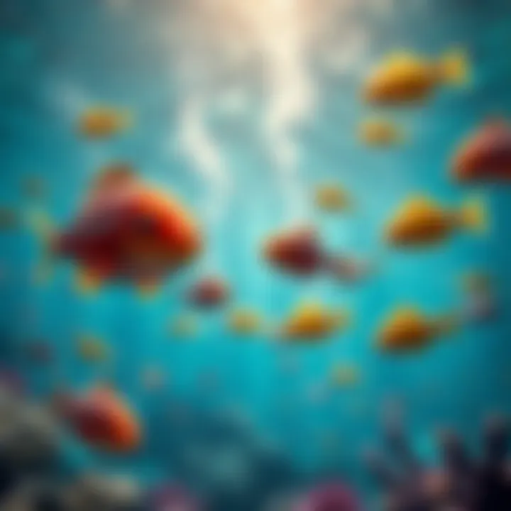 Vibrant underwater scene with animated fish and fishing symbols