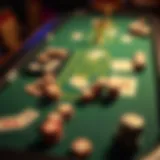 A detailed layout of a Texas Hold'em poker table with chips and cards