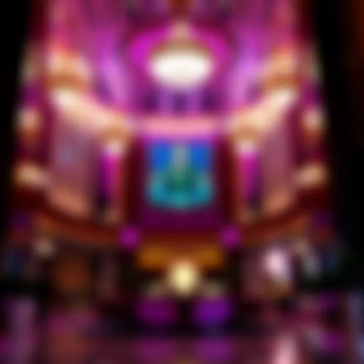 The vibrant lobby area of Masquerade Tower with thematic decorations and ambiance