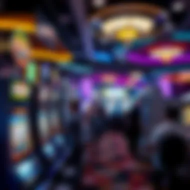 Casino Floor with Slot Machines An intricate design of a casino floor showcasing various slot machines and patrons engaged in gameplay.