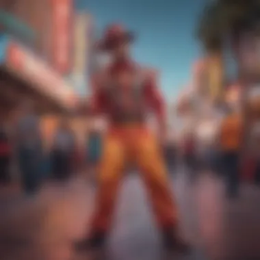 A colorful street performer entertaining visitors on Fremont Street.